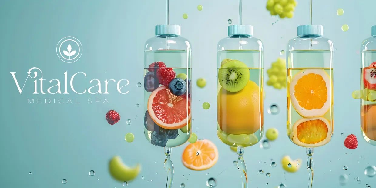 IV drip bags filled with fresh fruits for VitalCare Medical Spa.