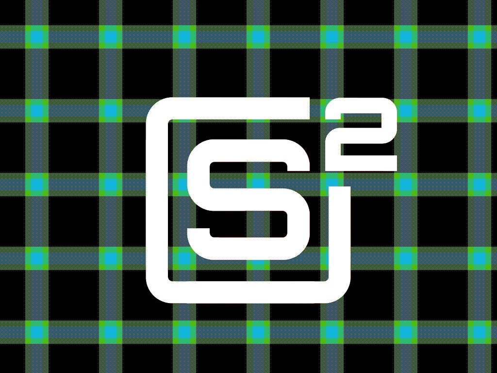 White stylized 'S2' logo on a black background with green and blue grid lines.