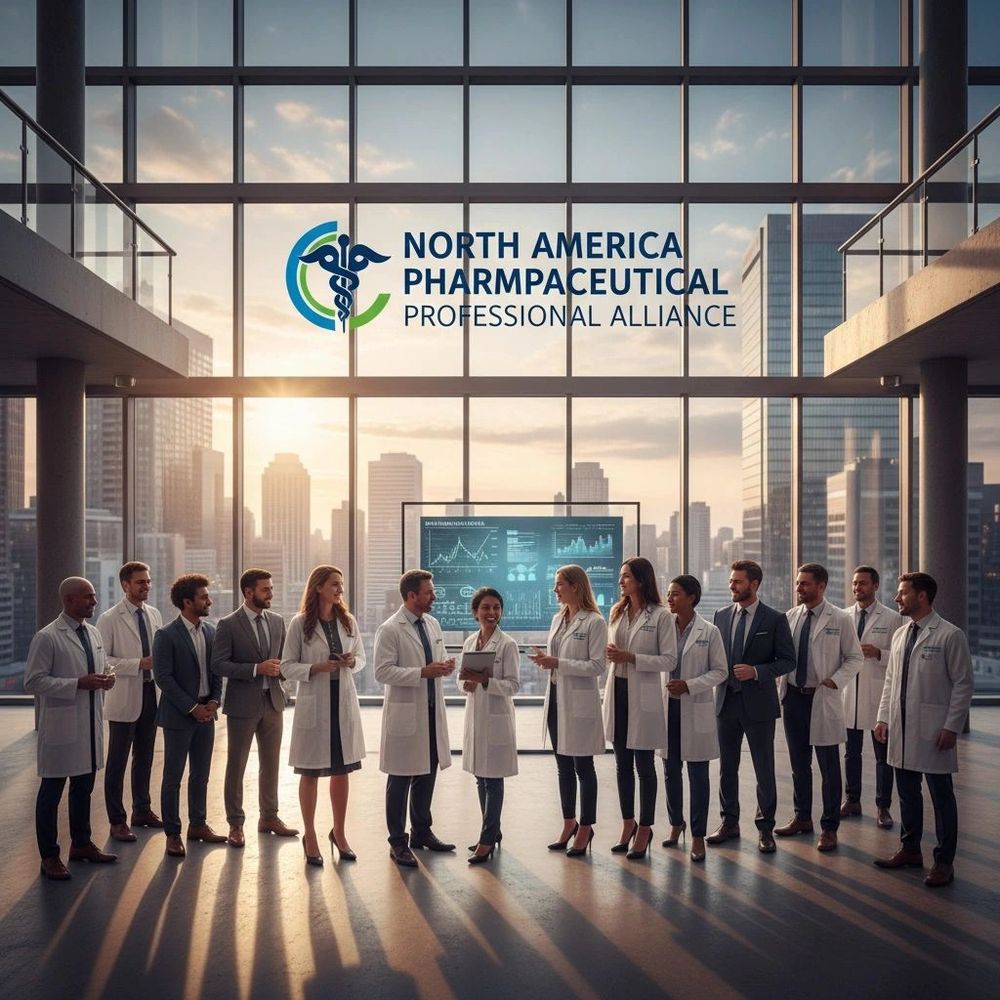 Pharmaceutical professionals gathered in a modern office with a city skyline.