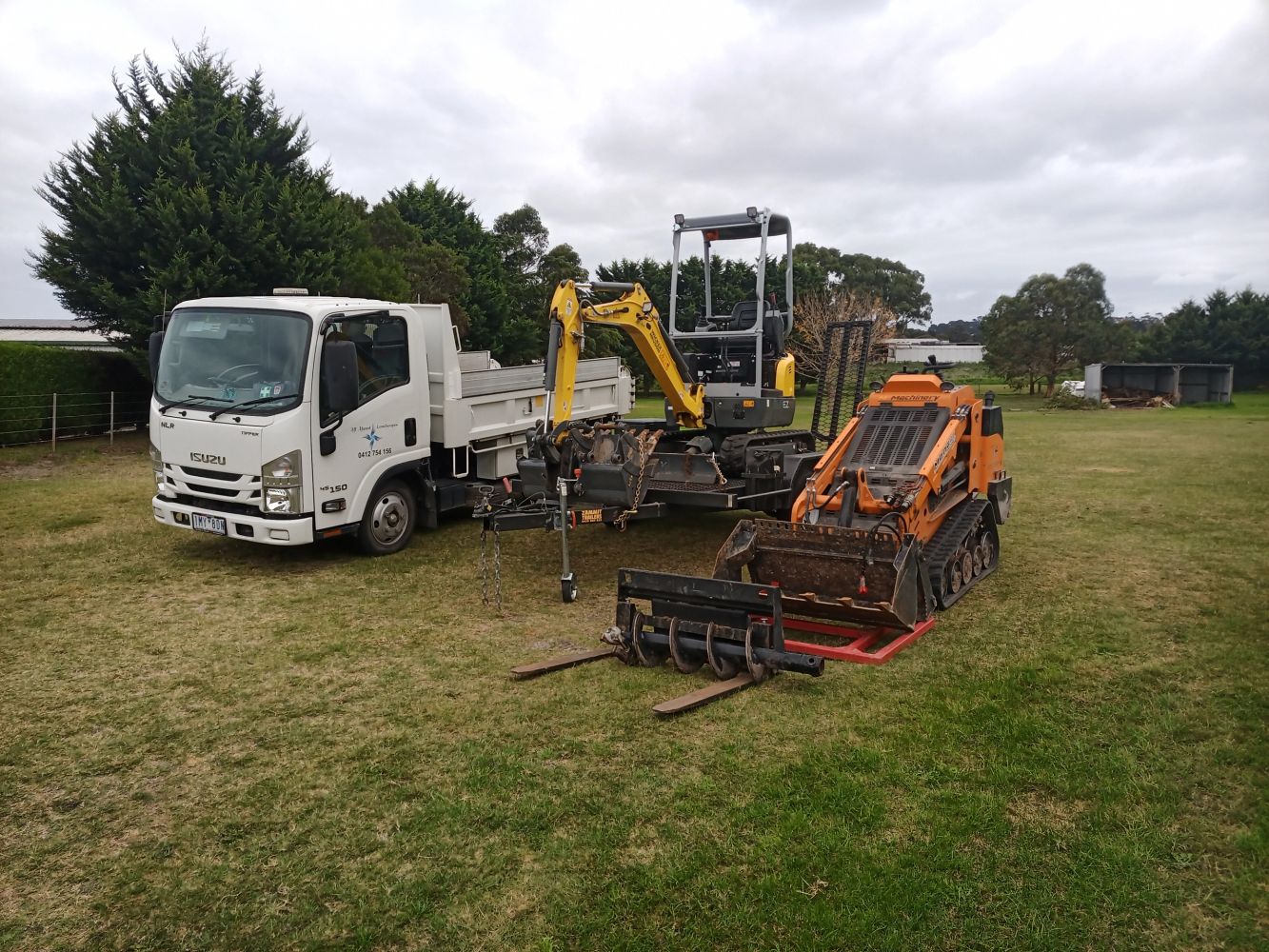 Truck, excavator and skid loader with attachments available.