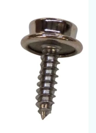 Close-up of a shiny metal screw with a washer-like head.
