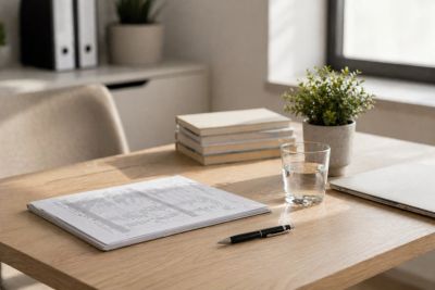 A neatly organized workspace with a tablet, pen, glass of water, books, and a small potted plant.