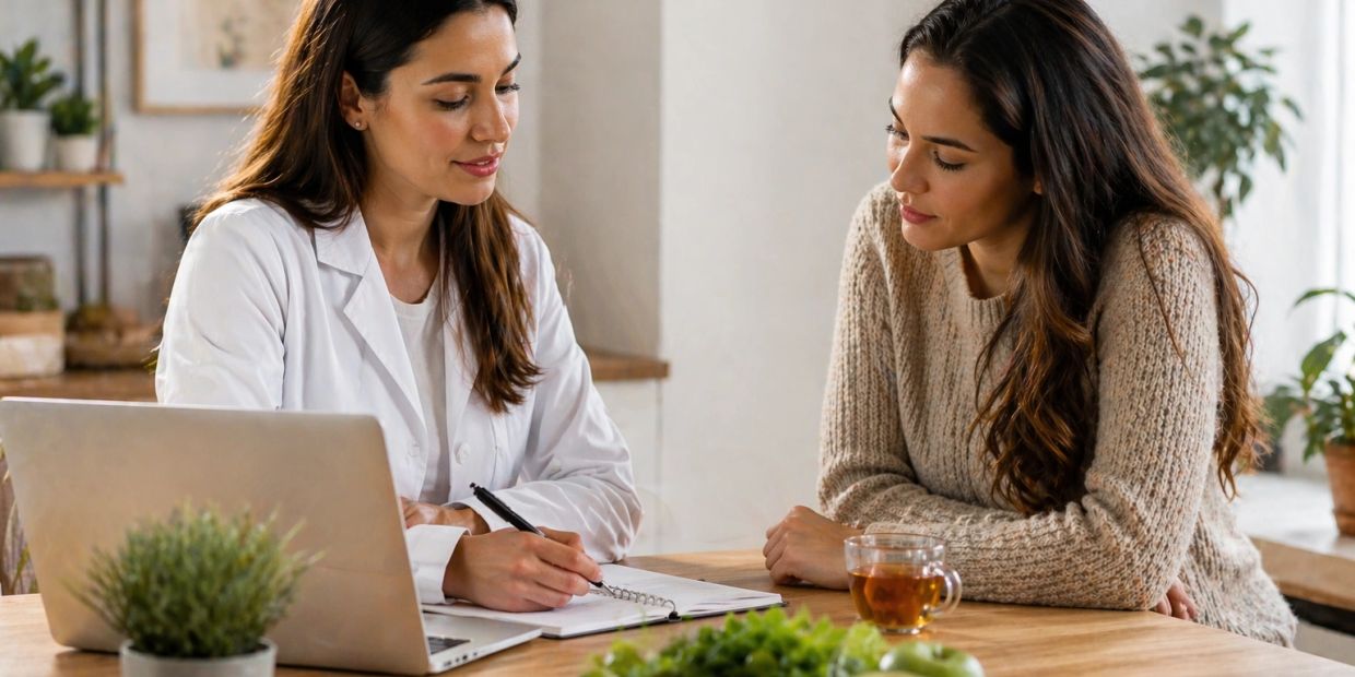 A doctor consulting a patient in a cozy, plant-filled office.