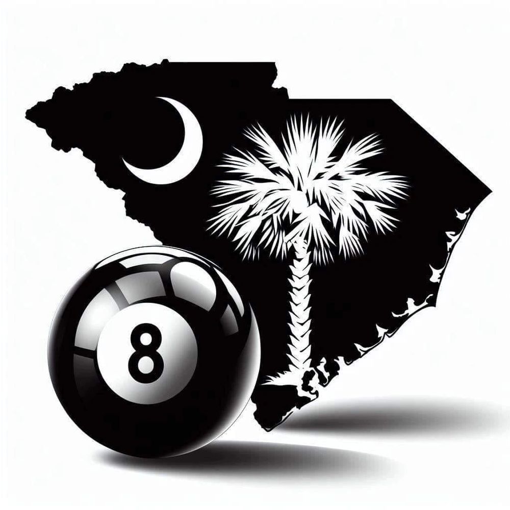 Black 8-ball with South Carolina map, crescent moon, and palmetto tree graphic.