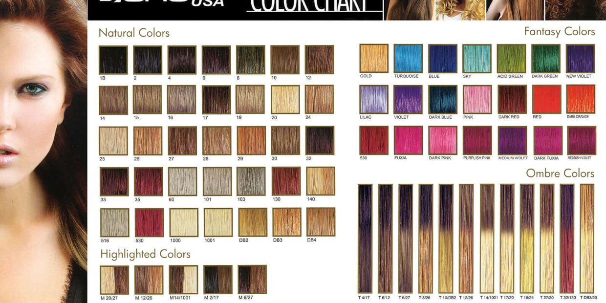 Hair color chart showing natural, fantasy, highlighted, and ombre hair colors.