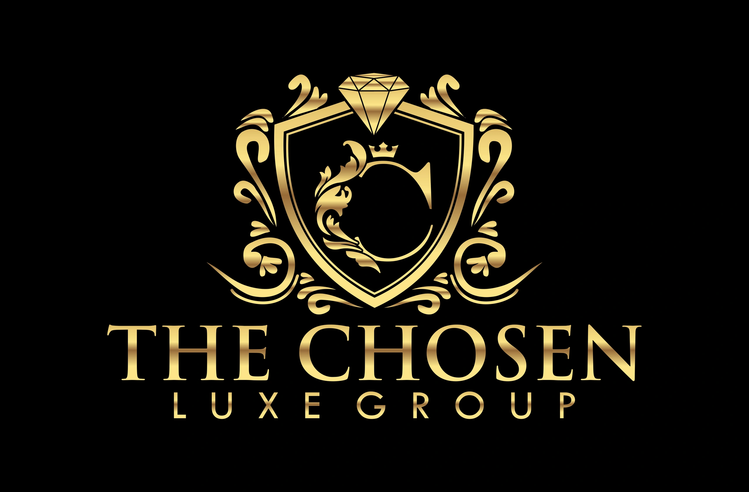 Elegant gold and black logo for The Chosen Luxe Group with a diamond and ornamental shield.