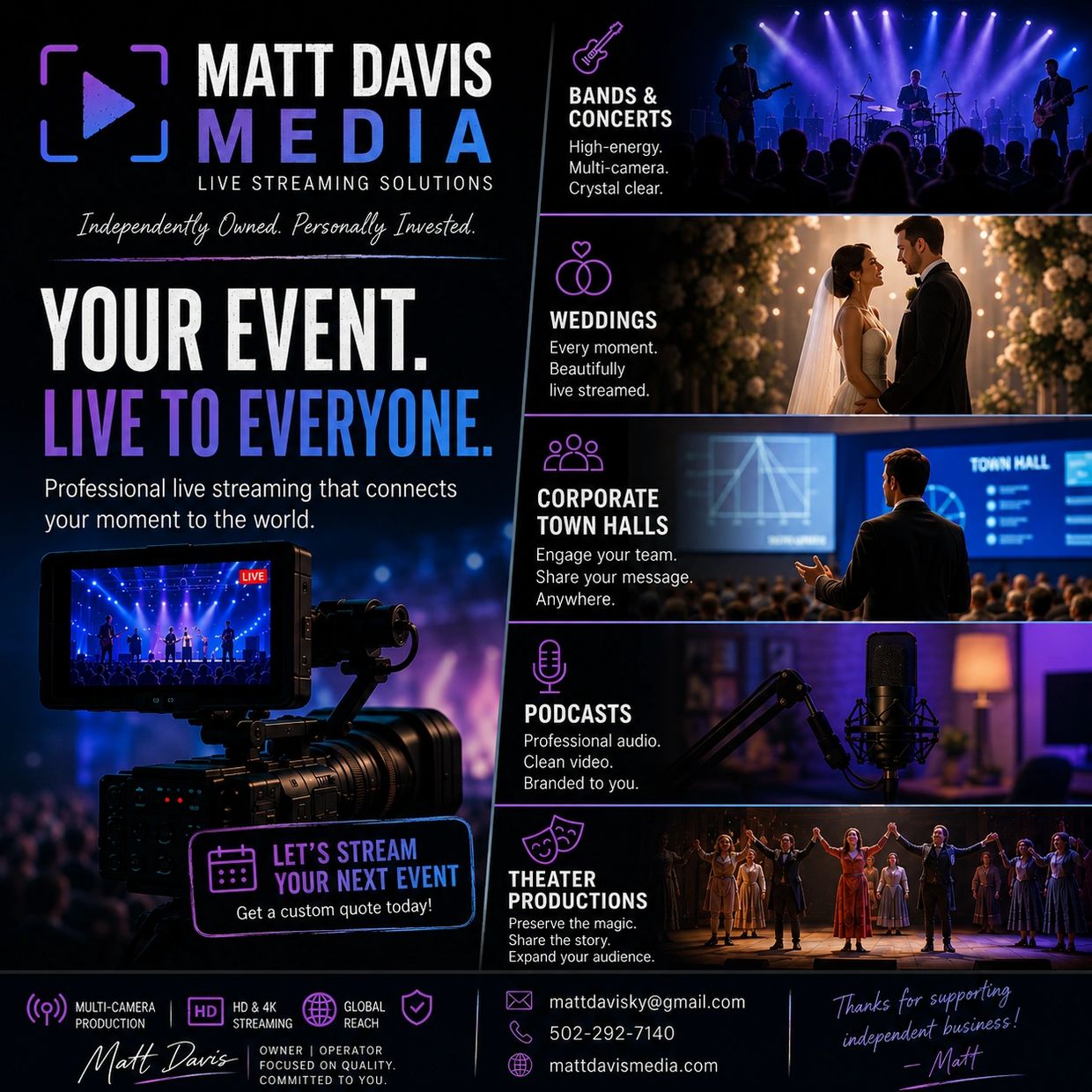 Matt Davis Media offers professional live streaming for events like concerts, weddings, and corporate meetings.
