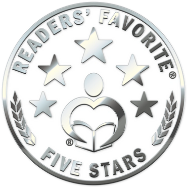 Silver emblem with five stars and text 'Readers' Favorite Five Stars'.