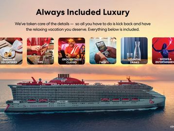 Luxury cruise with dining, fitness, wifi, drinks, and entertainment included.