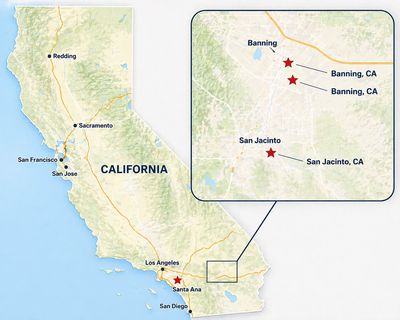 Map showing locations in California, highlighting Banning and San Jacinto.