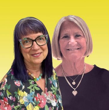 Two smiling women posing against a yellow background.