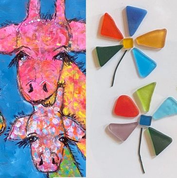 Colorful giraffe painting next to vibrant glass flower art.