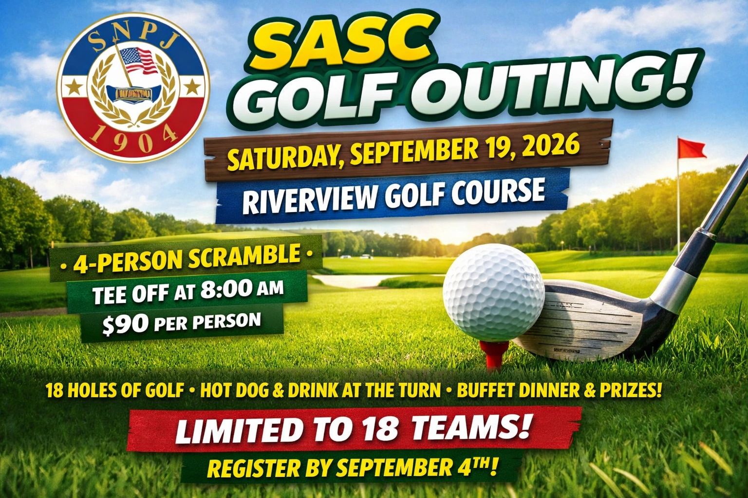 SASC Golf Outing on September 19, 2026, at Riverview Golf Course with a 4-person scramble.