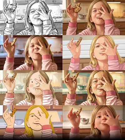 Girl posing with a cookie in various cartoon and realistic styles.