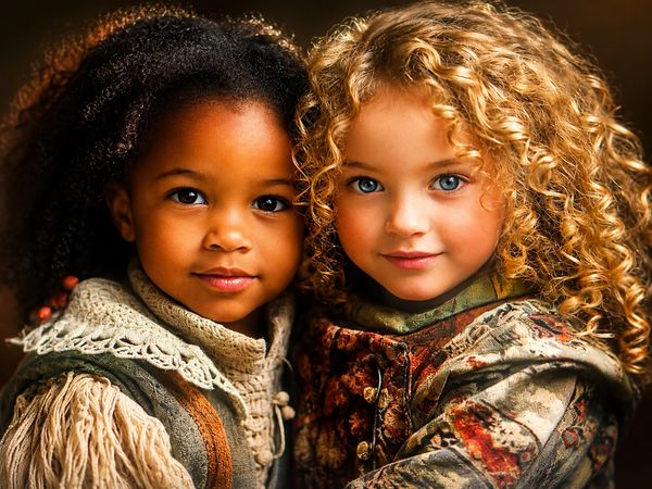 Two young girls with curly hair and bright eyes, dressed in vintage clothing, smiling warmly.