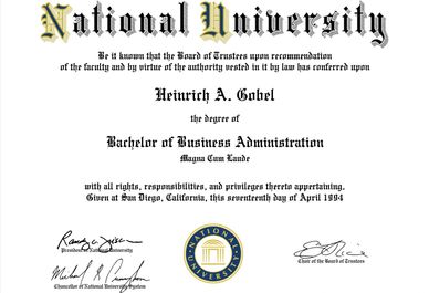 Henry A Gobel Bachelor of Business Administration National University San Diego 1994