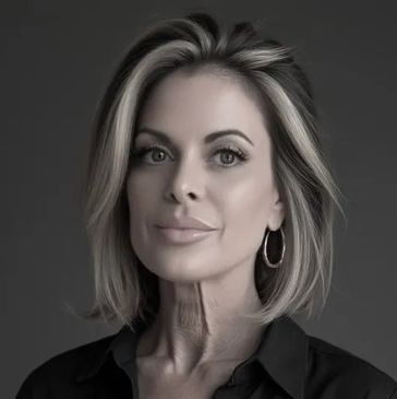 Portrait of a confident woman with highlighted hair and hoop earrings.
