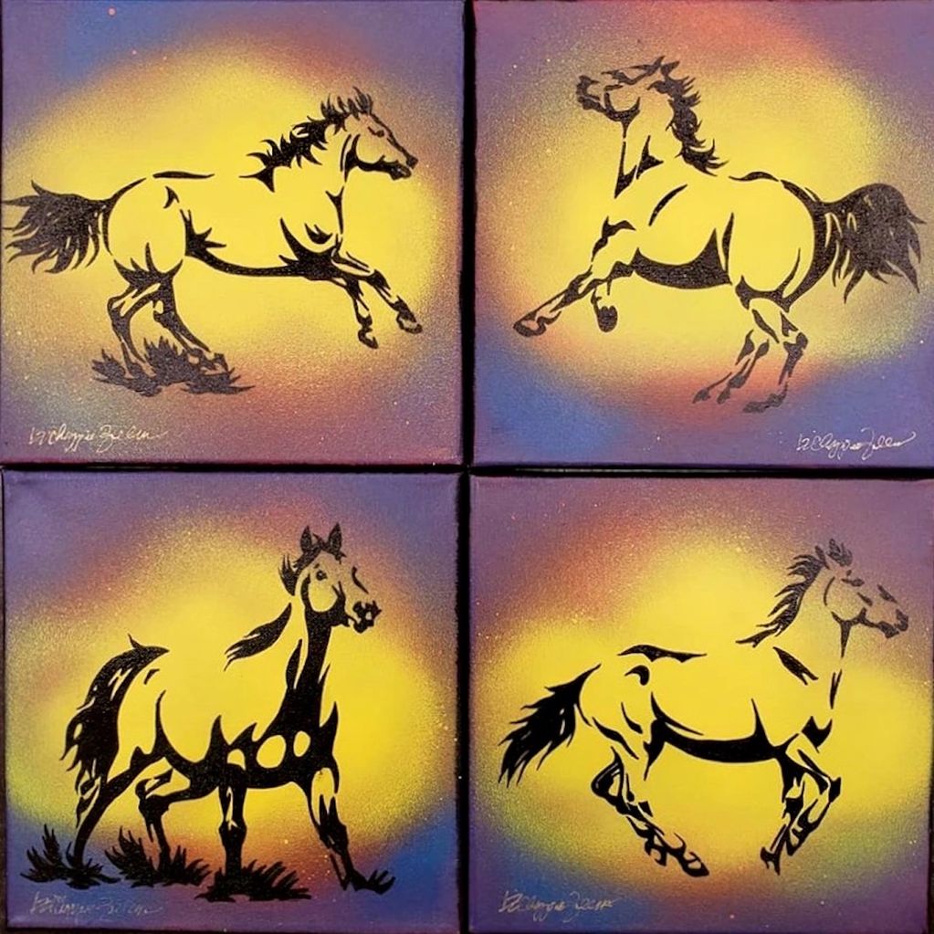 Four outlined horses on spray paint backgrounds
