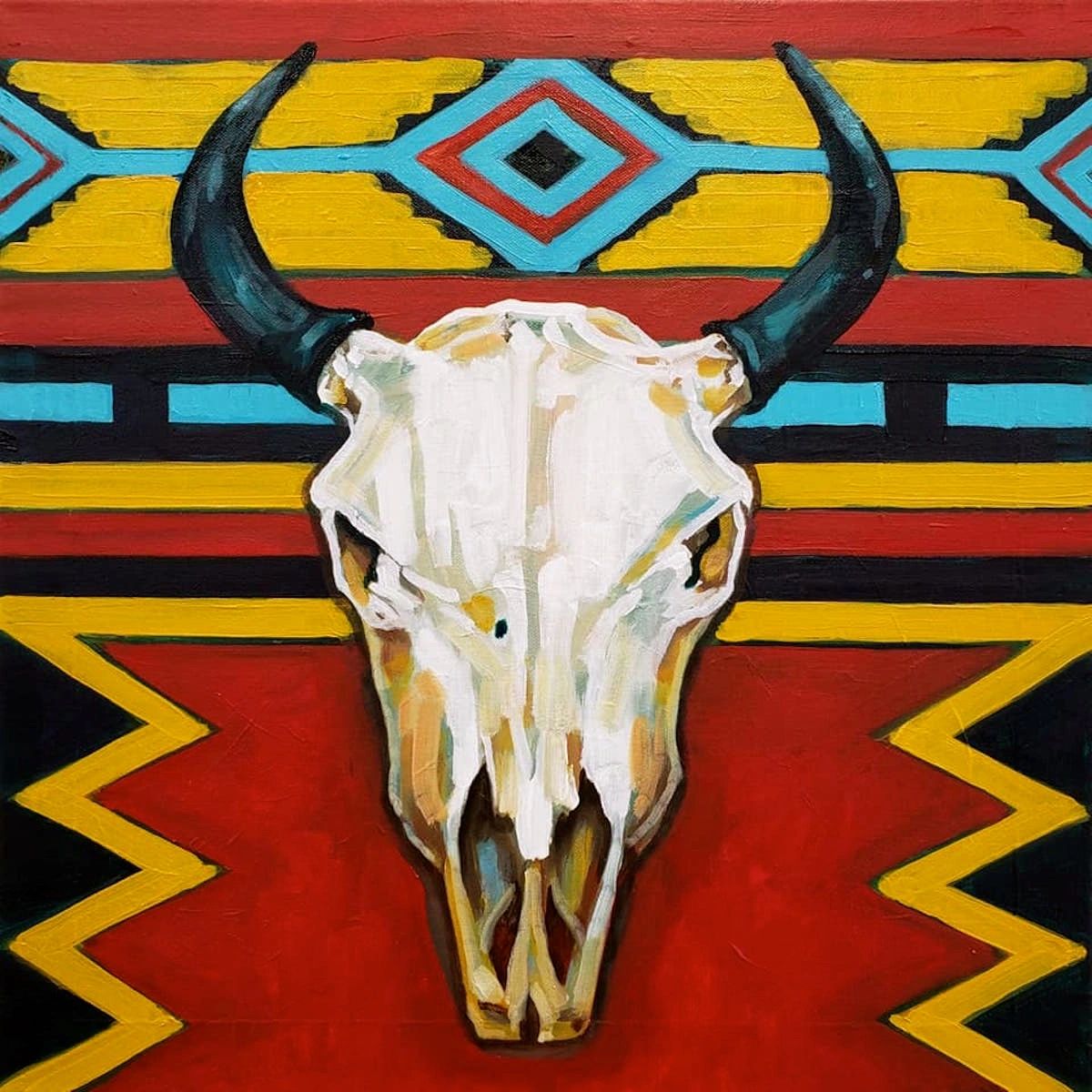 Bison Skull on a Navajo-inspired background pattern of red, gold, black and turquoise.