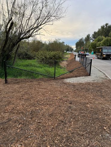 A road with a fence and trees on both sides of it
