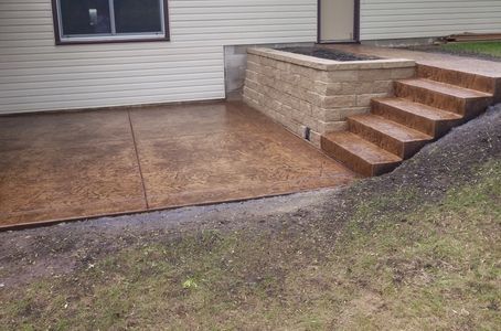 Stamped patio with steps, walkway and new retaining wall, Brooklyn Park