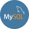 MySQL logo with a dolphin and text on a blue circle background.