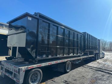 Navy high-side roll-off container on a trailer, Elite Containers, Waterbury CT