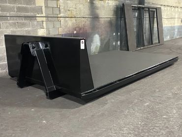 Black 12 ft heavy-duty hook lift flatbed with diamond plate deck, Elite Containers, Waterbury CT