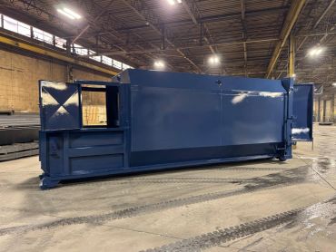 Blue self-contained compactor with charge box, Elite Containers, Waterbury CT