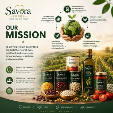 Savora Foods mission statement and product lineup with core values.