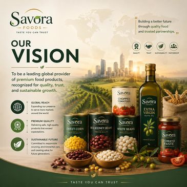 Savora Foods vision and product display with a cityscape background.