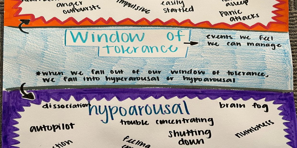 Hand-drawn chart explaining window of tolerance, hyperarousal, and hypoarousal.