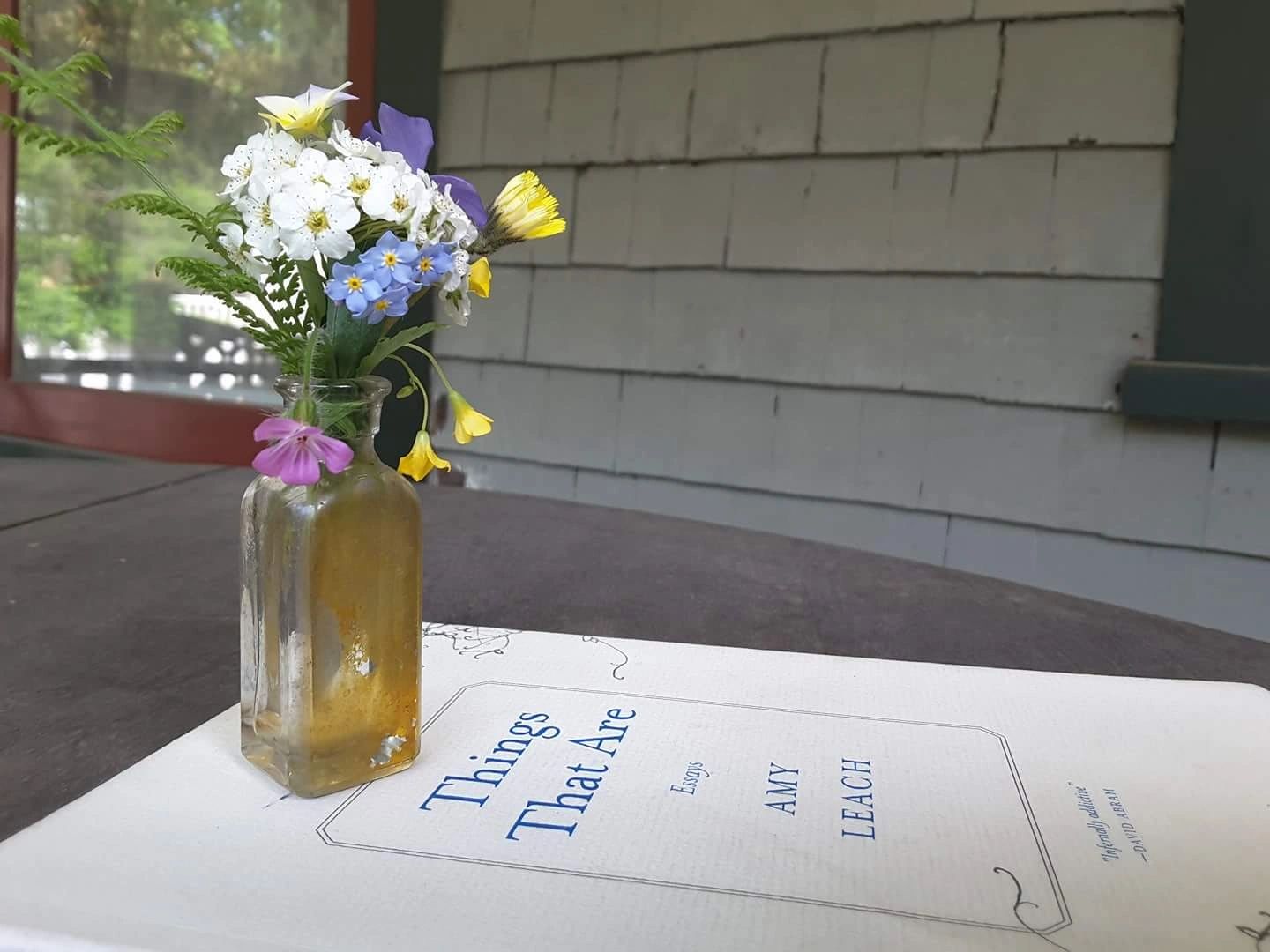 A tiny bouquet of spring flowers in a small glass vase on a paperback on a porch, on a sunny day.