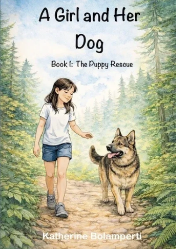 A girl and her dog walking happily in a forest.