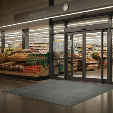 Entrance of a well-stocked grocery store with automatic sliding doors.
