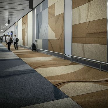 Two travelers walk through a modern airport corridor with abstract wall and floor designs.