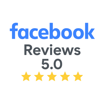 Facebook Reviews badge showing a perfect 5.0-star rating with the Facebook logo and five gold stars.