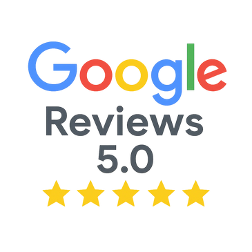 Google Reviews badge displaying a 5.0-star rating with the Google logo and five golden stars.