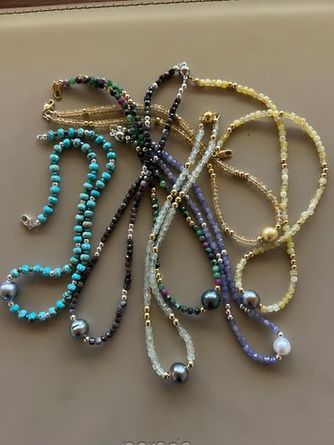 Golden South Sea, Australian South Sea and Tahitian Pearl and Gemstoned Choker Necklaces