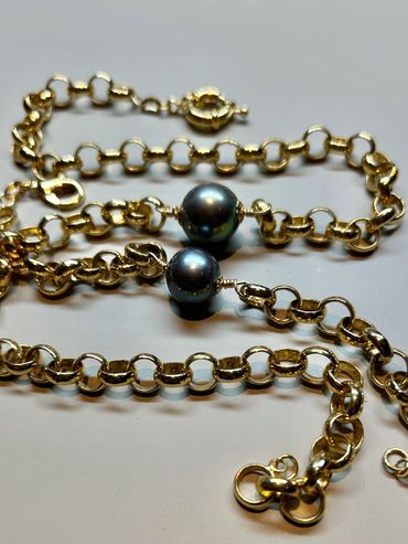 Chunky, Rolo Link, Tahitian Pearl Necklace and matching bracelet