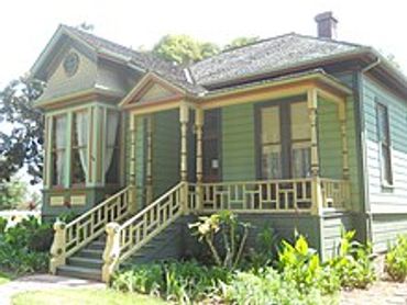 A green wooden house with a porch and stairs surrounded by greenery.