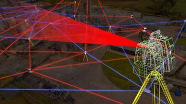 3D mapping with red and blue laser lines overlaying an industrial site for surveying.