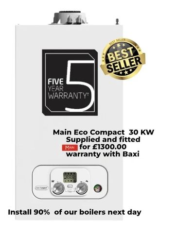 Main Eco Compact 30 KW boiler with 5-year warranty and next-day installation offer.