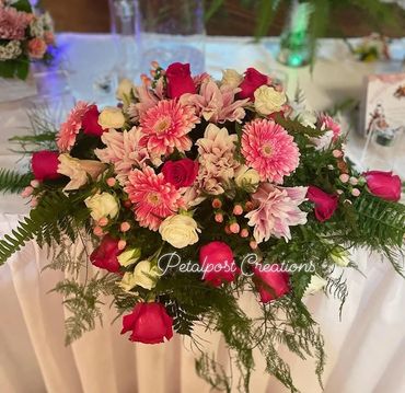 Wedding Reception Table Centerpiece with Pink Gerbera Daisies and Pink Roses