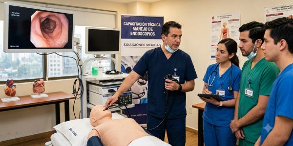 Entrenador médico enseñando el manejo de endoscopios a estudiantes de medicina.