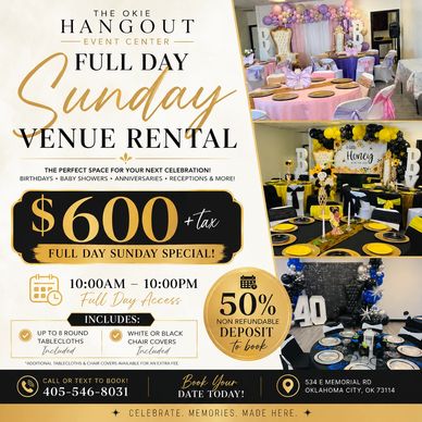 Sunday venue rental at The Okie Hangout for $600 + tax.