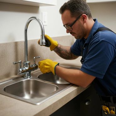 A plumber wearing yellow gloves fixing a kitchen faucet.