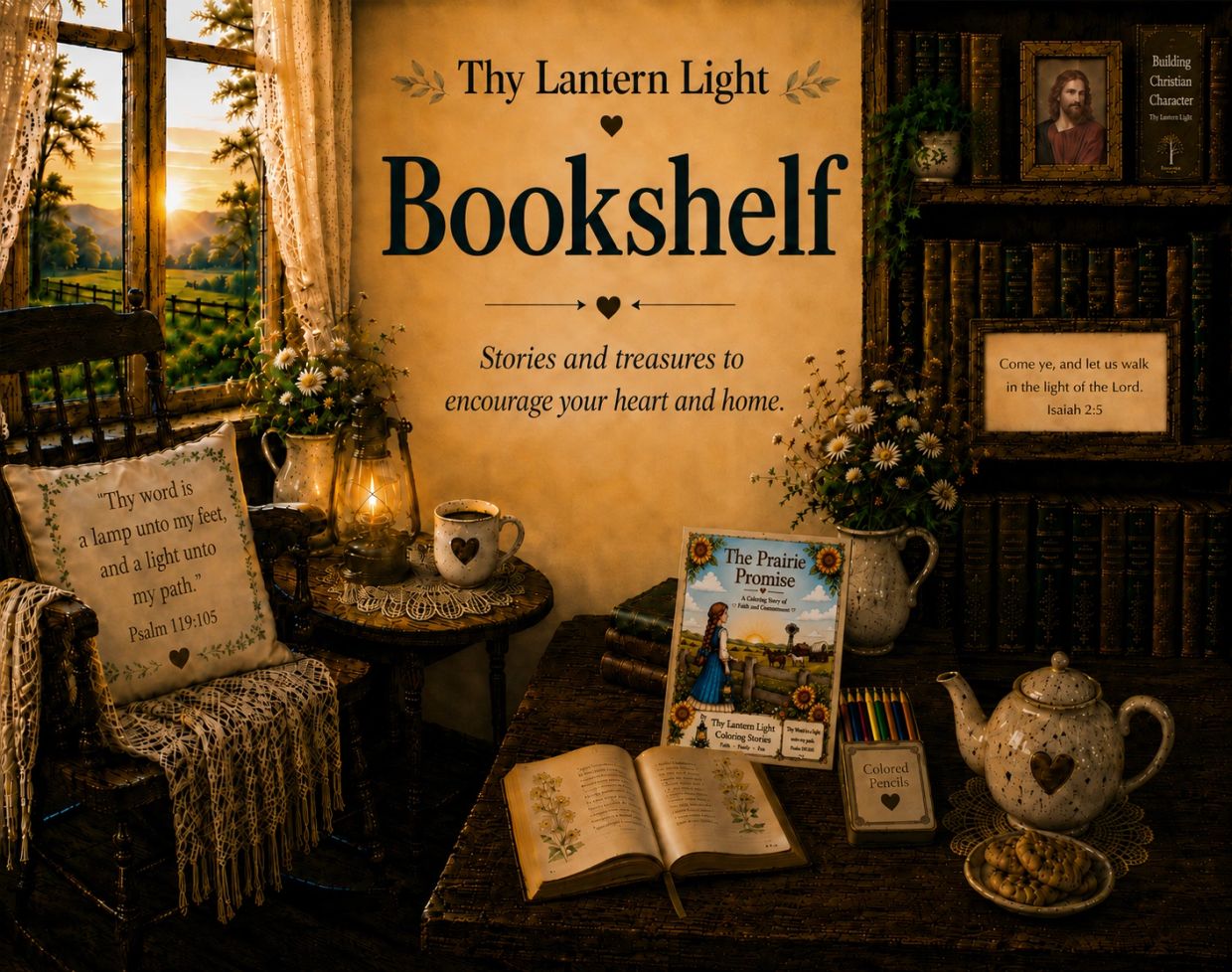 Cozy Christian-themed bookshelf with books, tea, and inspirational quotes.
