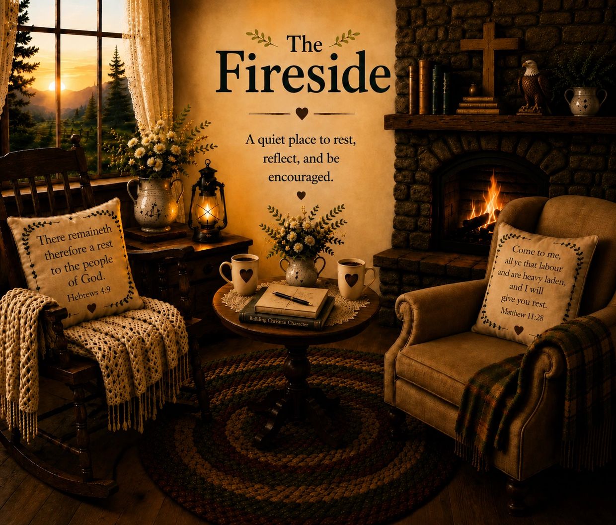 Cozy fireside nook with warm lighting and inspirational quotes.