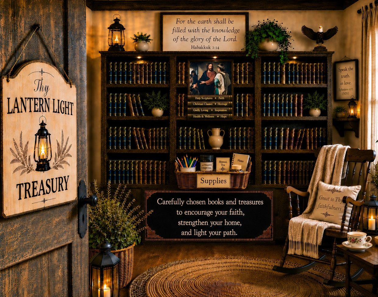 Christian-themed cozy reading nook with lantern light and faith-based decor.